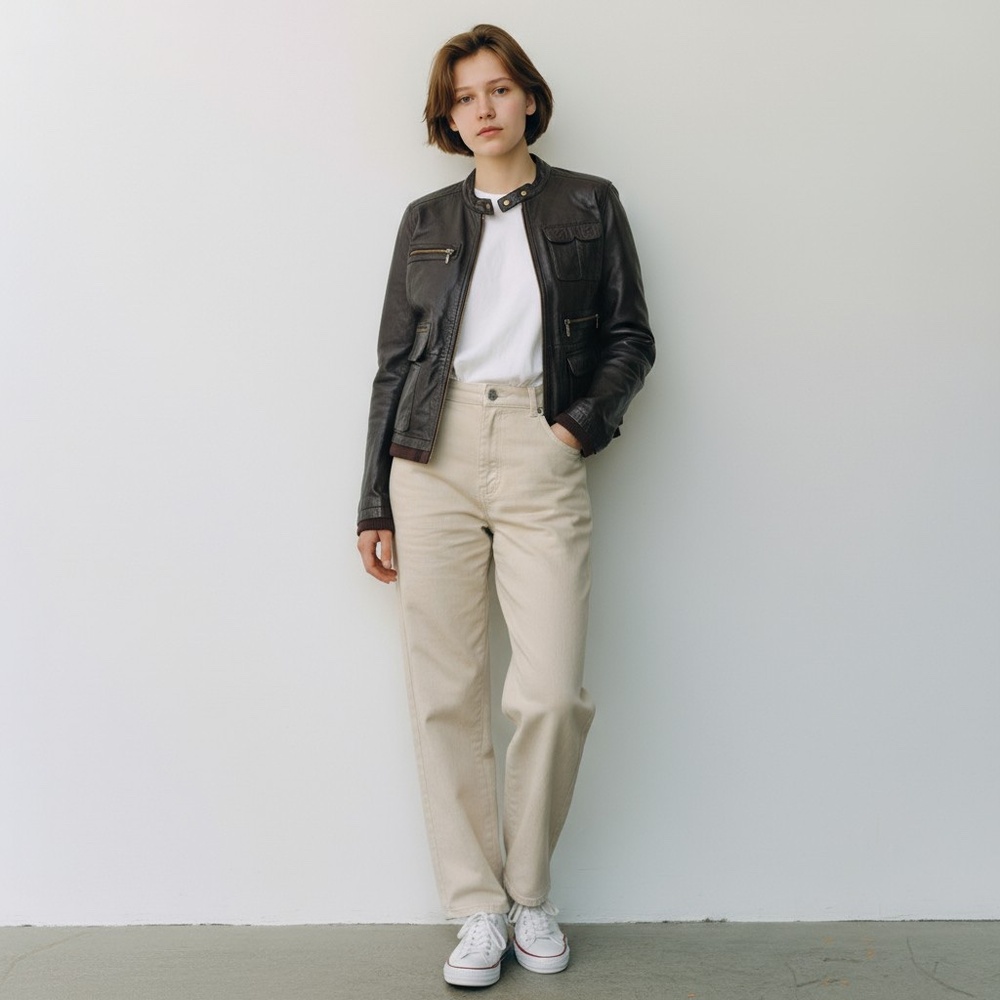 Promod women's leather vintage jacket in black